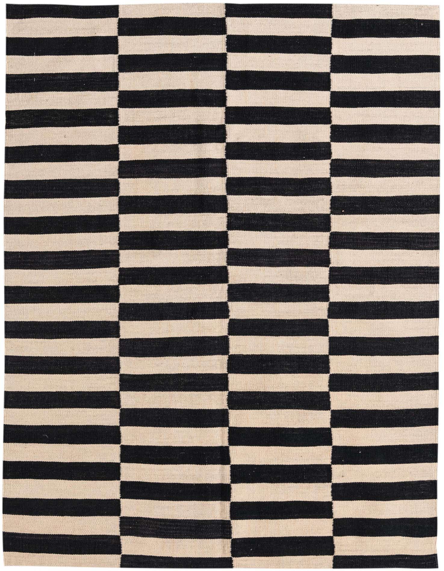 A 4x6 rectangular Kilim Modern wool rug featuring bold black and cream horizontal stripes in a tribal pattern.