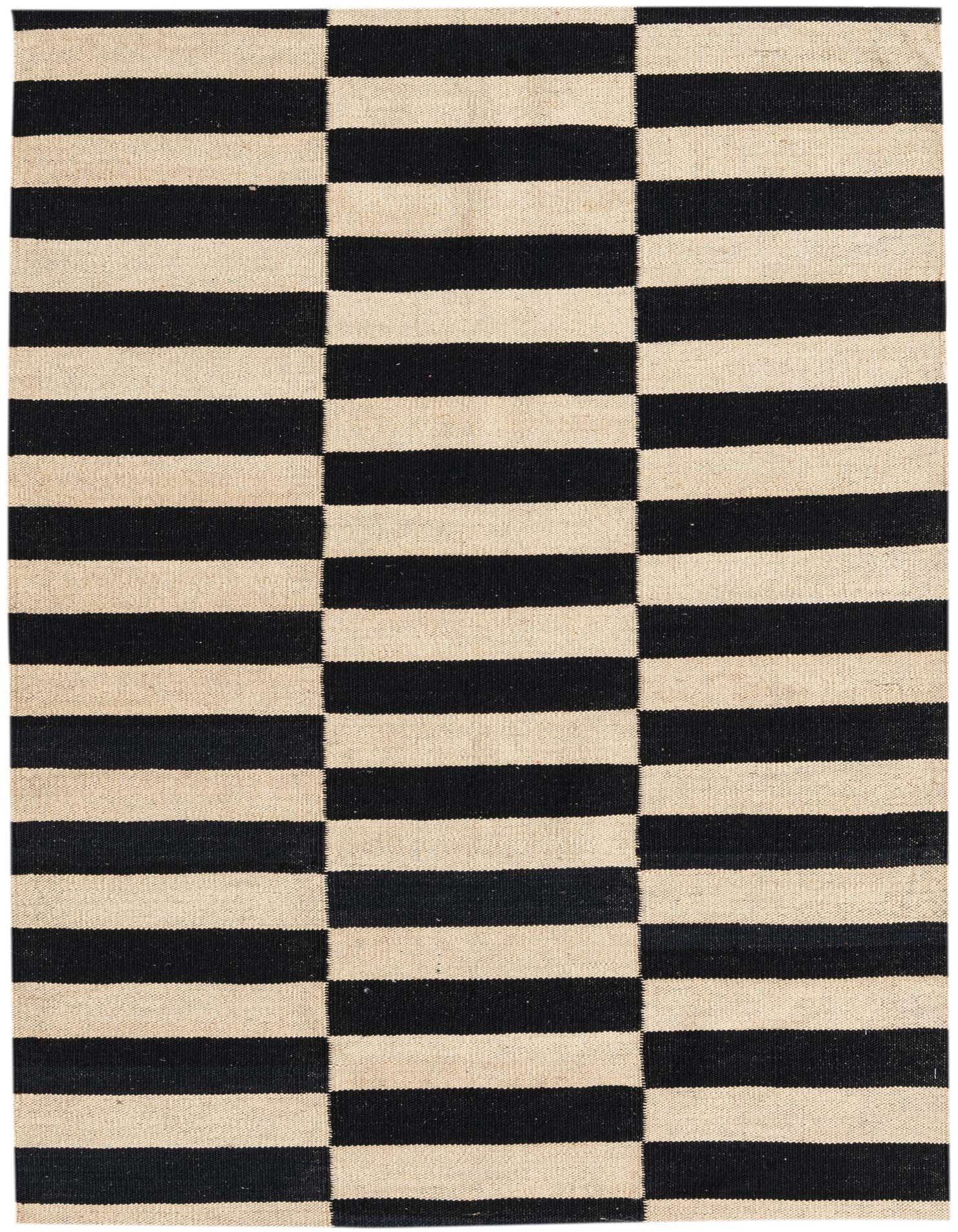 A 3x5 rectangular black and ivory flatweave wool rug with a modern tribal block stripe pattern.