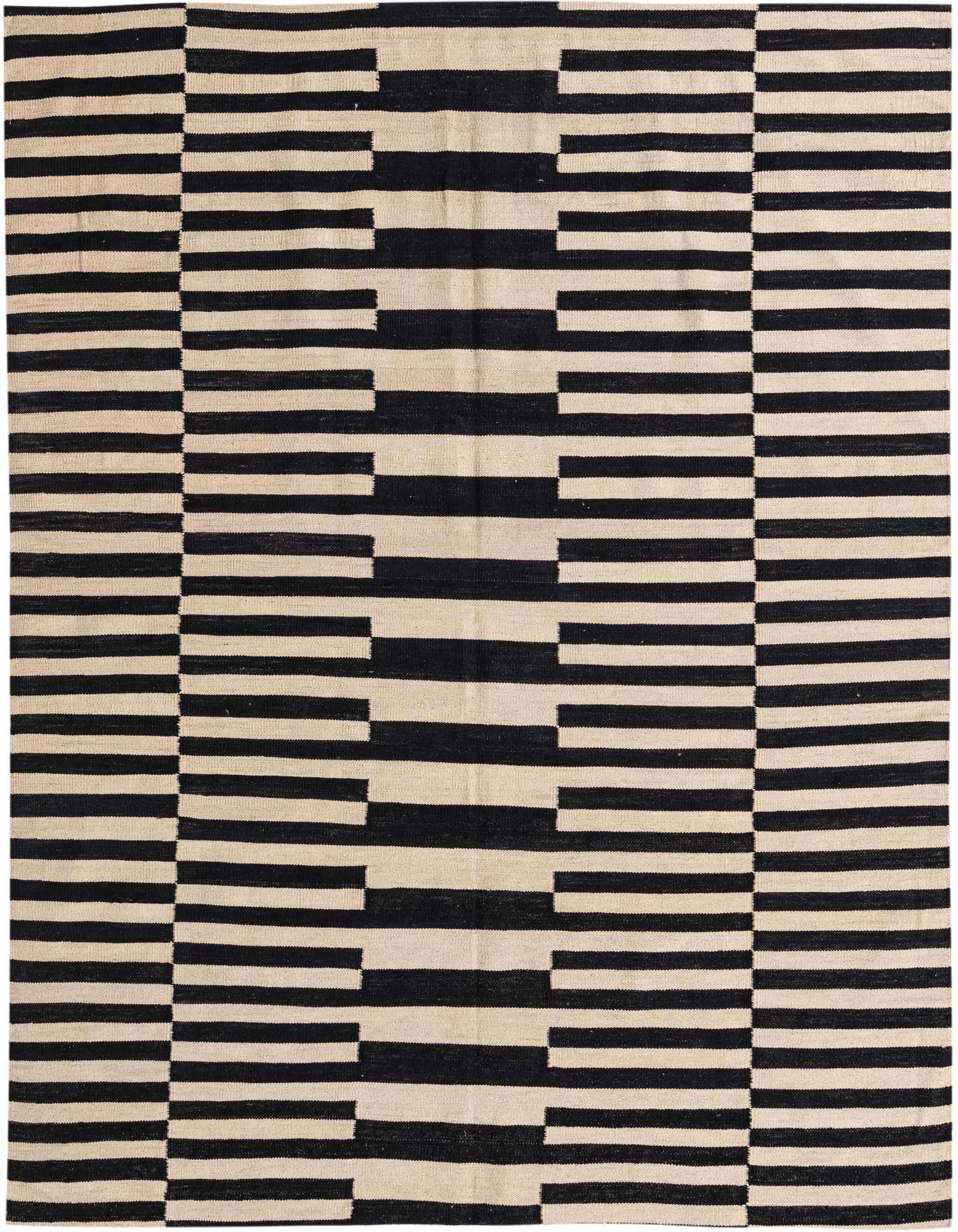A 5x8 rectangular black and cream flatweave wool rug with a modern tribal stripe pattern.