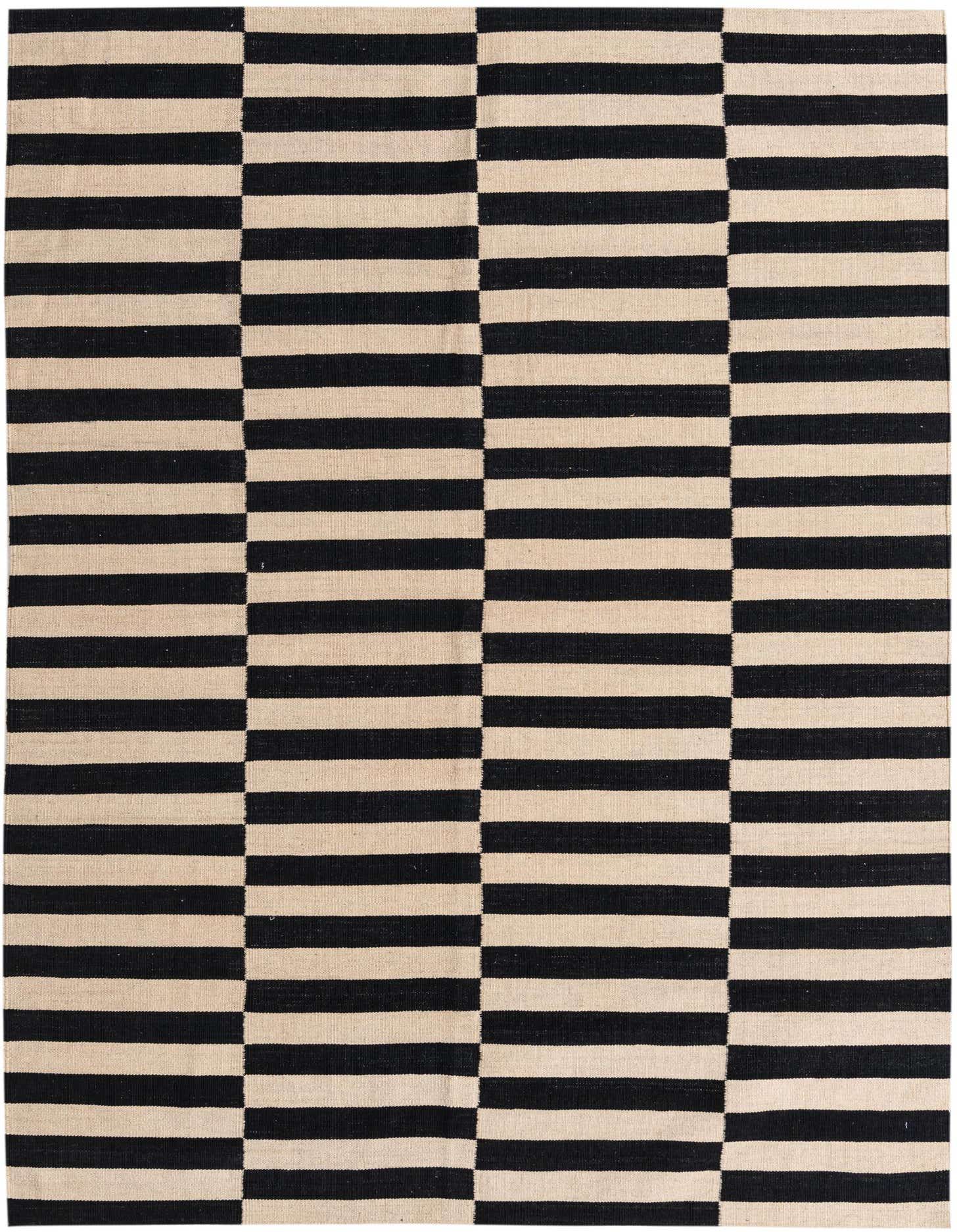 A 5x8 rectangular Kilim Modern rug with a bold black and ivory striped pattern, ideal for a living room or dining room.