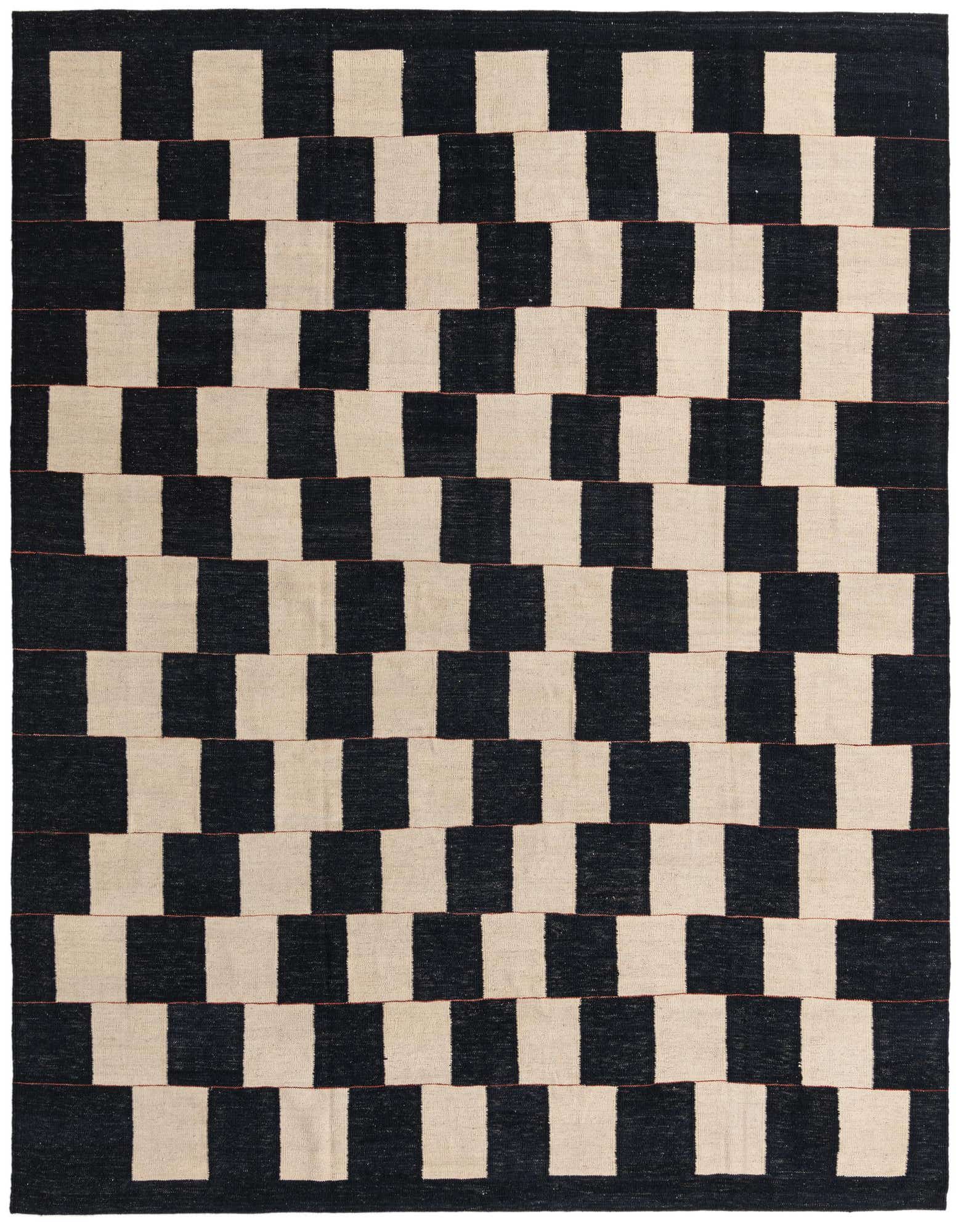 A rectangular 8x10 Kilim Modern rug featuring a bold black and ivory checkerboard pattern with thin red horizontal lines.