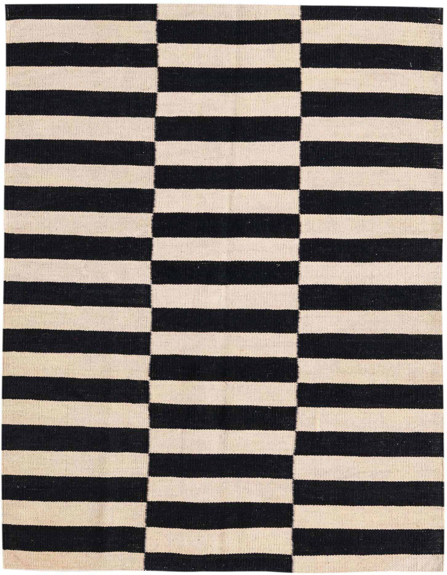 A 3x5 rectangular black and ivory flatweave wool rug with a modern tribal stripe pattern.