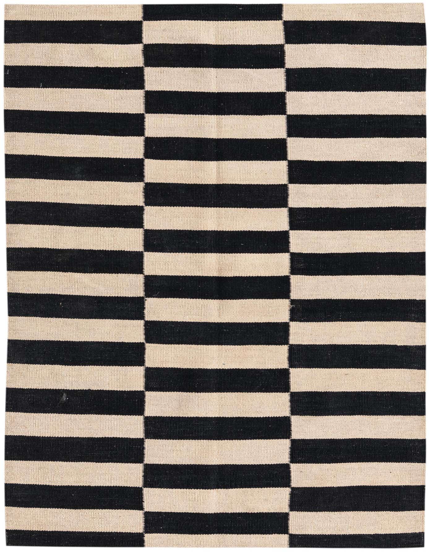A 3x5 rectangular Kilim Modern rug with a bold black and ivory stripe pattern, featuring a tribal-modern design.