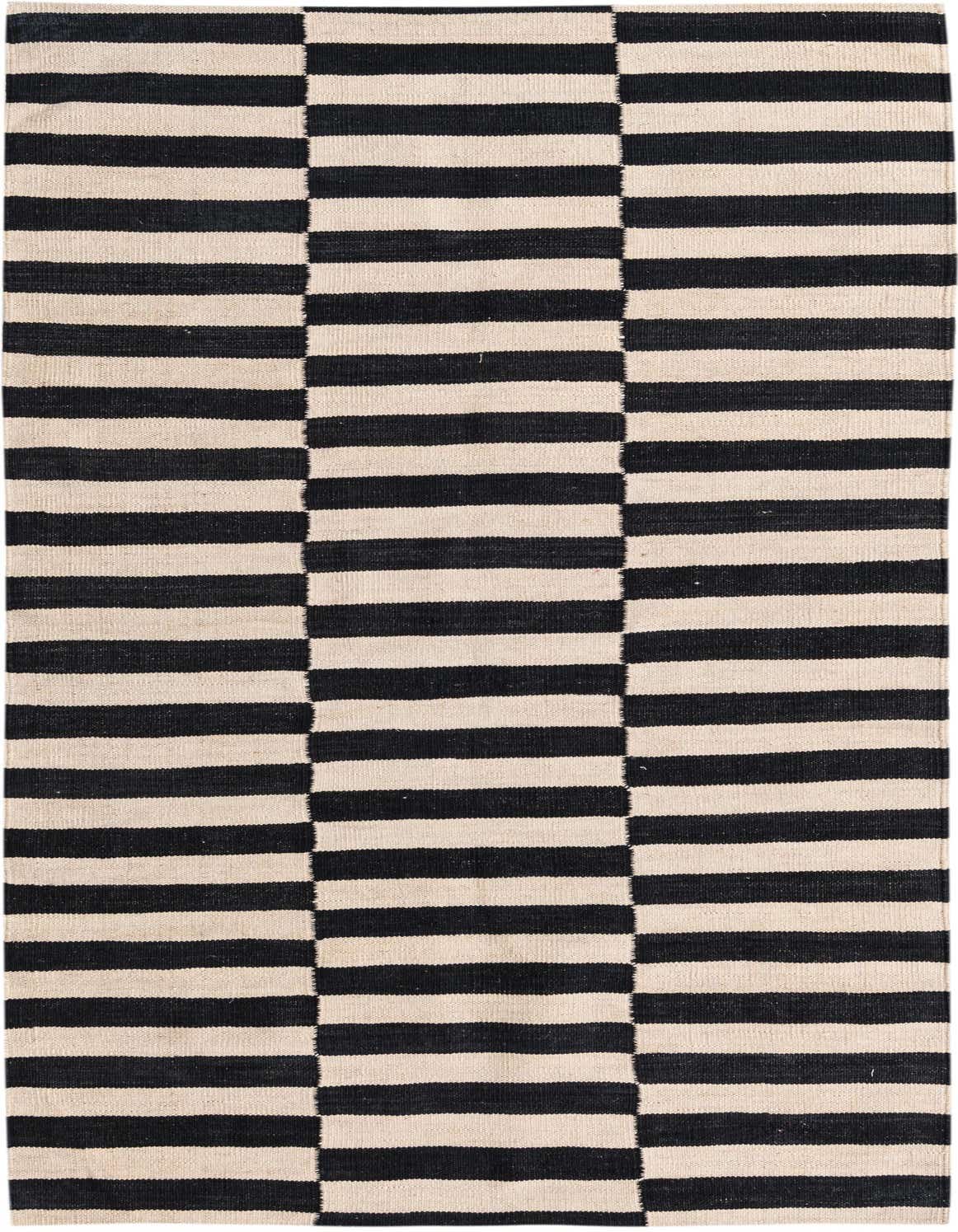A 4x6 rectangular Kilim Modern rug with a bold black and ivory stripe pattern, featuring offset blocks.