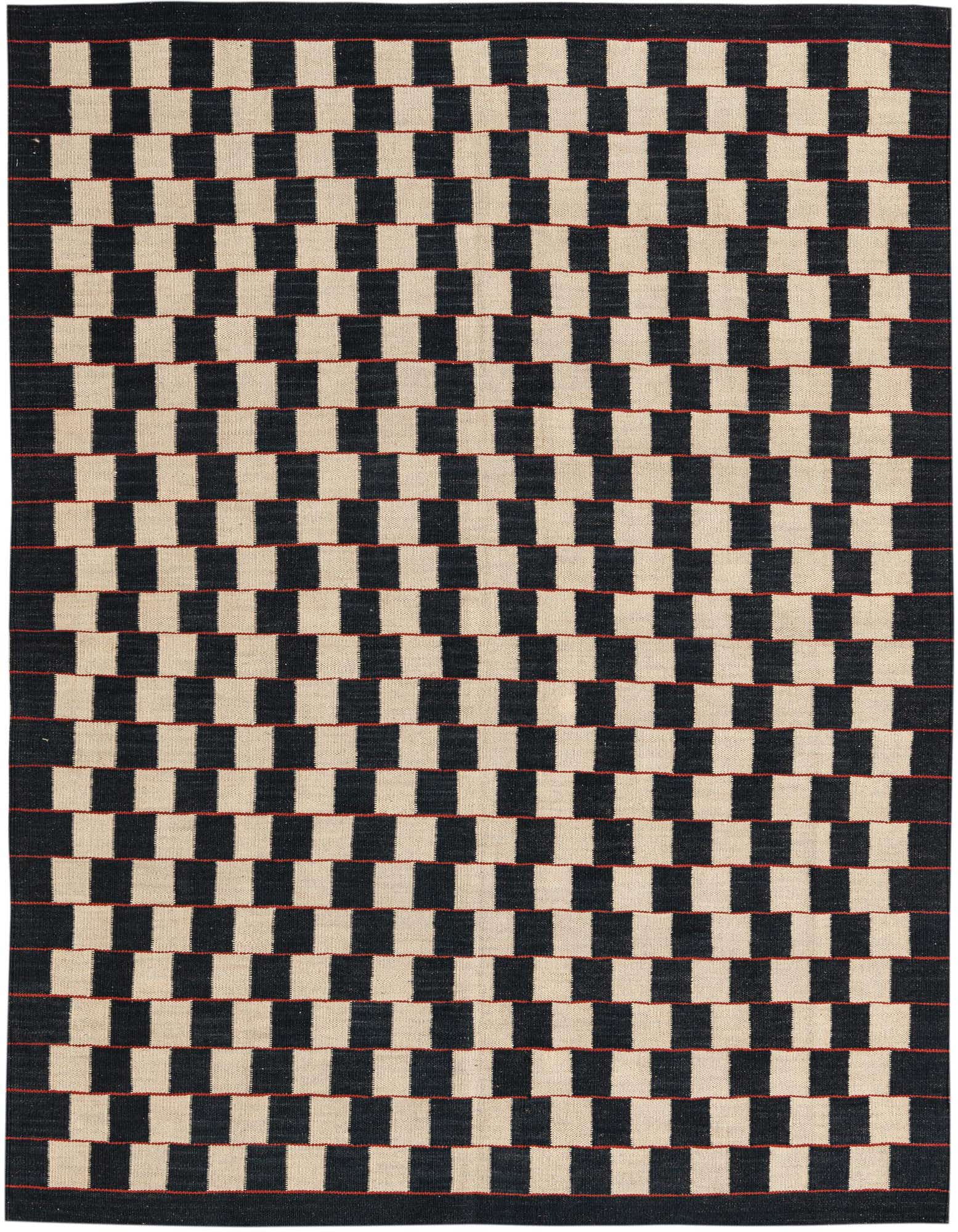 A 5x8 rectangular black and ivory flatweave wool rug with a modern tribal checkerboard pattern, featuring thin red horizontal lines.