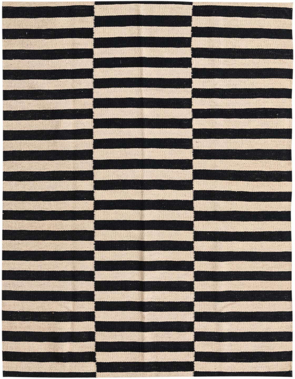 A 3x5 rectangular Kilim Modern wool rug featuring bold black and cream horizontal stripes, perfect for a kitchen or entryway.