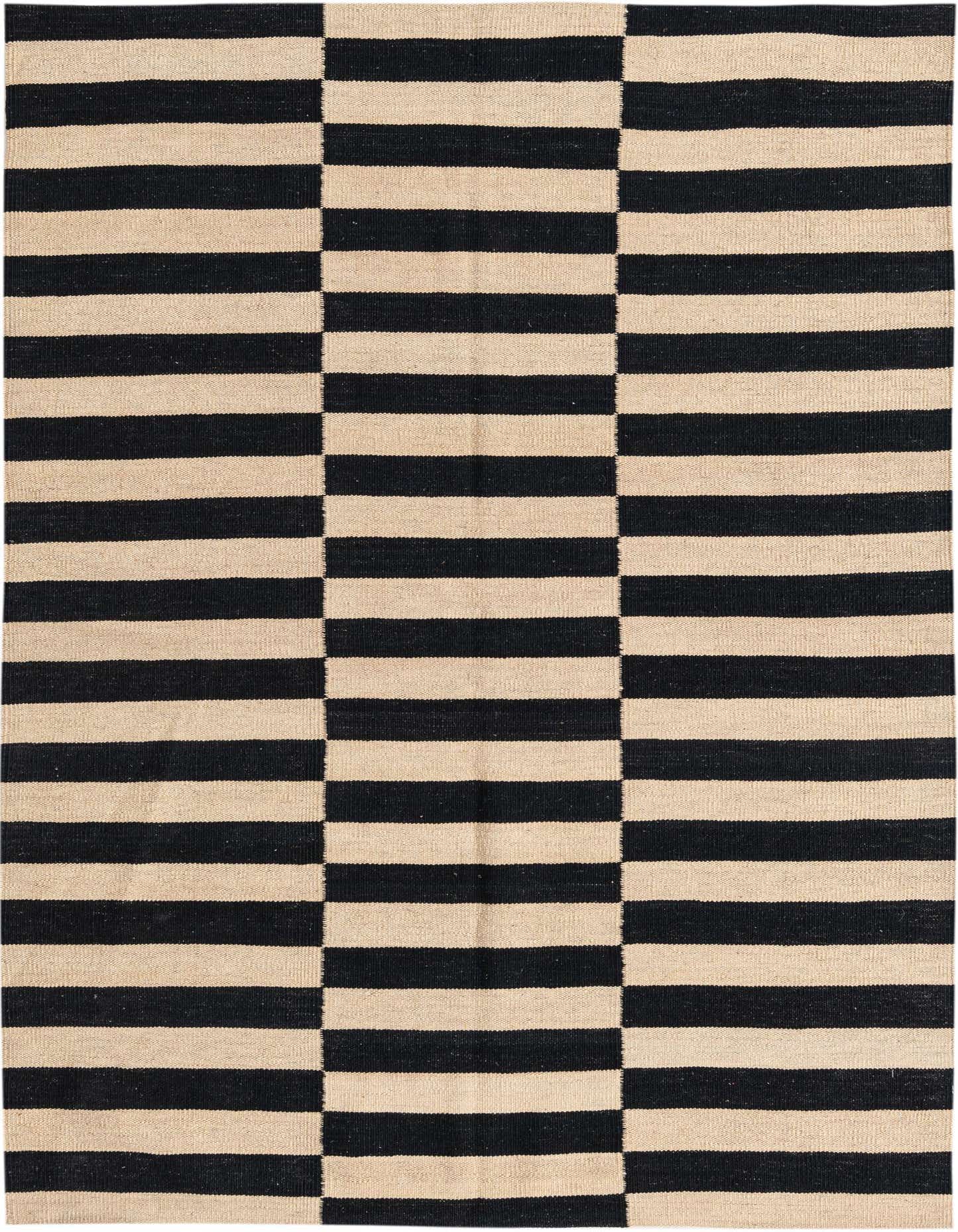 A 4x6 rectangular flatweave rug with a bold black and cream stripe pattern, featuring alternating horizontal and vertical stripes.