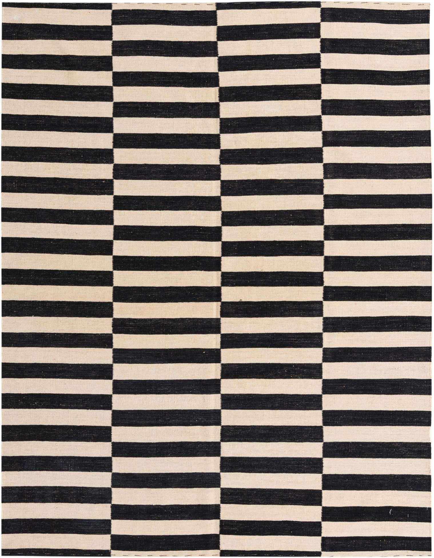A 5x8 rectangular black and white flatweave wool rug with a modern tribal stripe pattern.