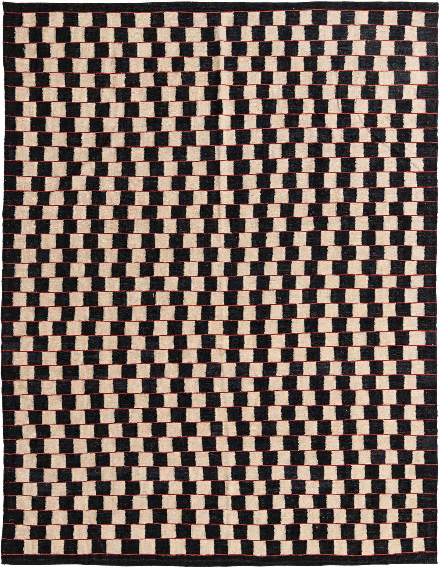 A 6x9 rectangular Kilim Modern rug with a black and ivory checkerboard pattern, featuring thin red accent lines, suitable for a living room.
