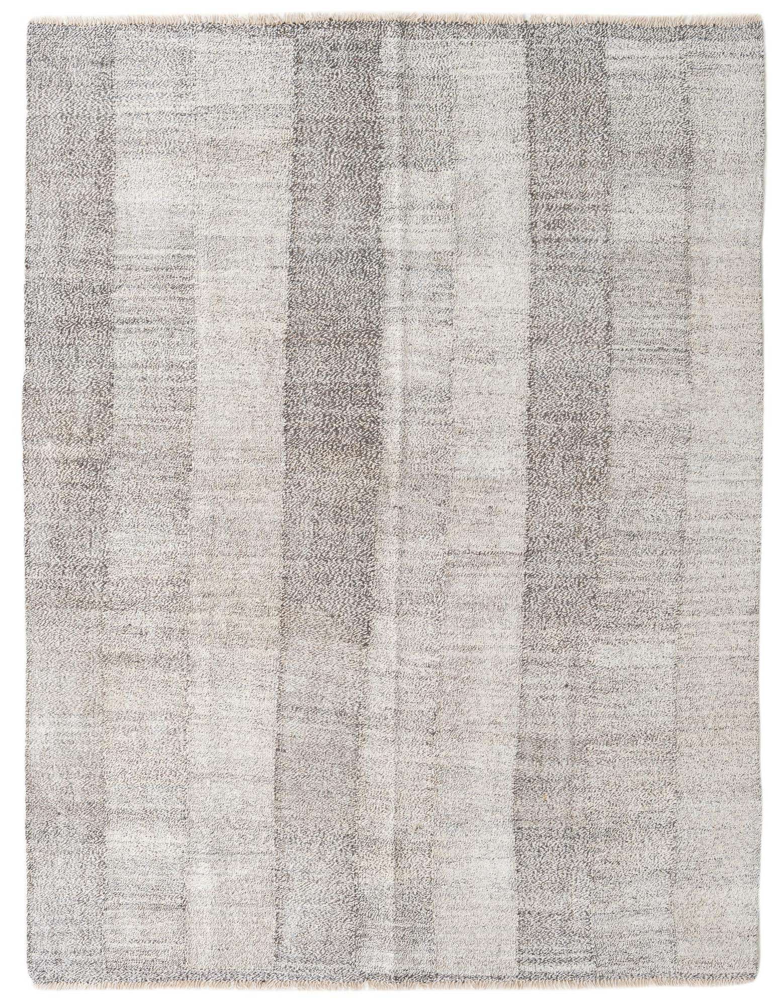 A 6x9 rectangular Kilim Modern wool rug featuring abstract black and ivory stripes, ideal for a living room.
