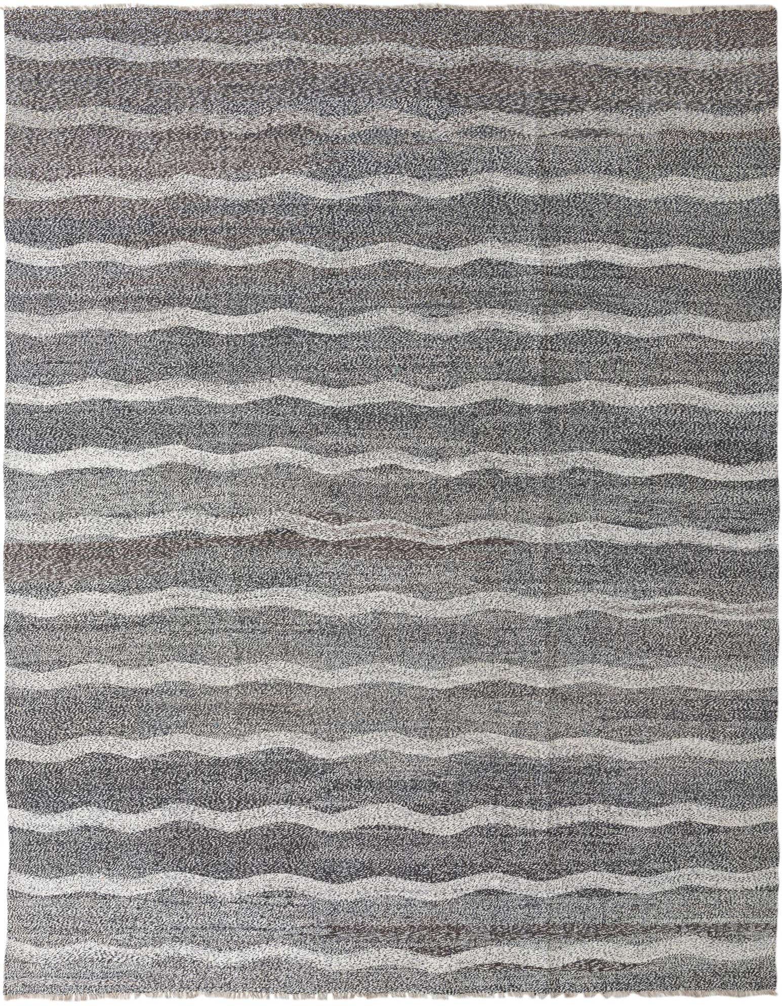 A 9x12 rectangular Kilim Modern wool rug from Rugs.com, featuring a tribal abstract pattern of wavy black and white stripes.