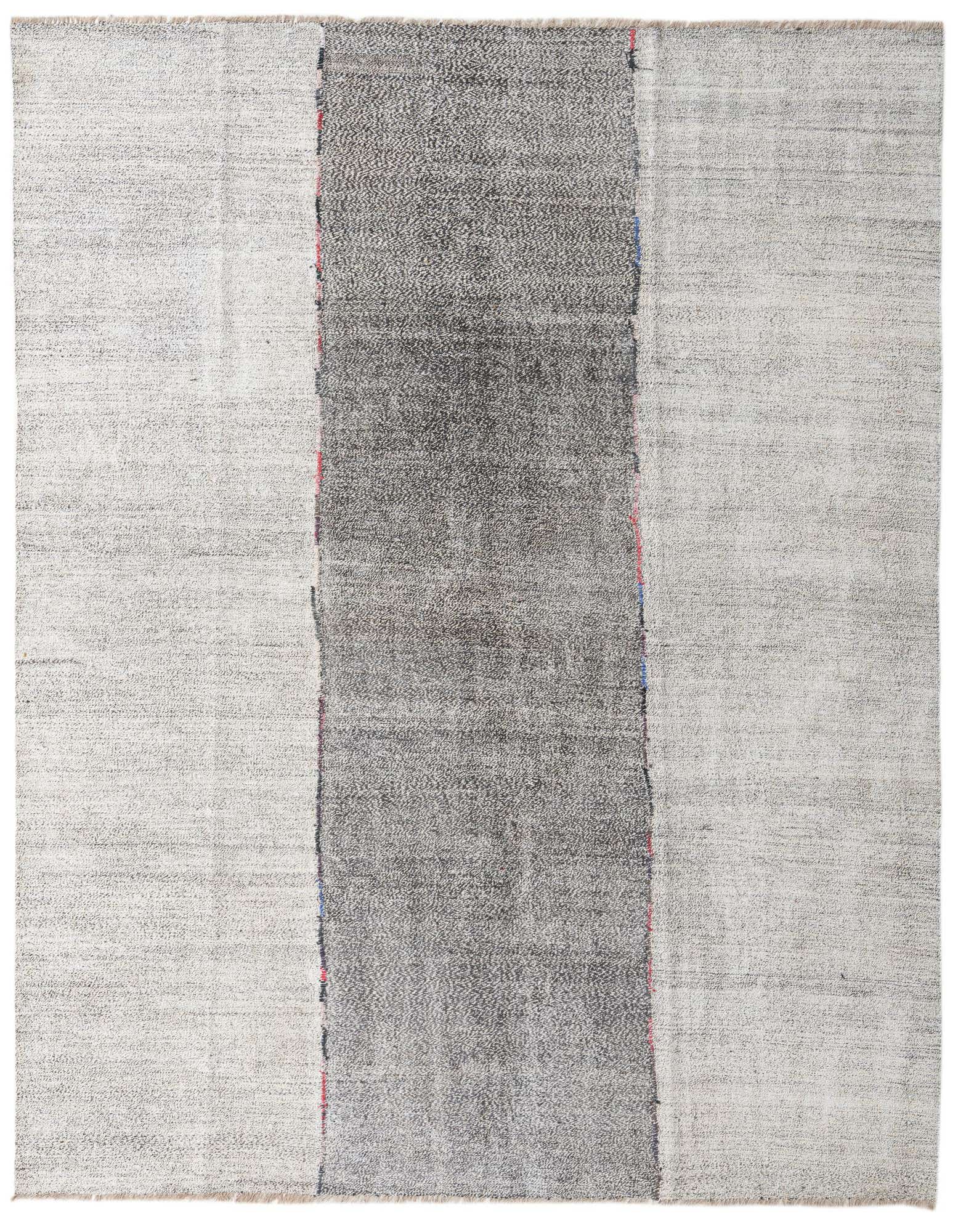 An 8x10 rectangular flatweave rug featuring a wide charcoal gray stripe down the center, flanked by lighter ivory and off-white panels, with subtle red and blue accents along the stripe edges.
