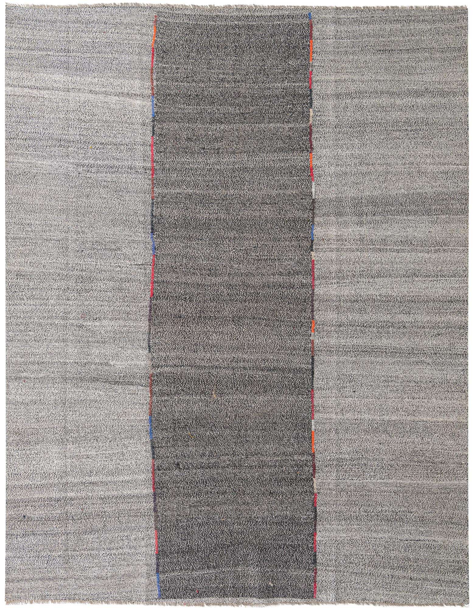 A 9x12 rectangular Kilim Modern rug featuring a central dark gray stripe flanked by lighter gray sections, with thin colorful accents.
