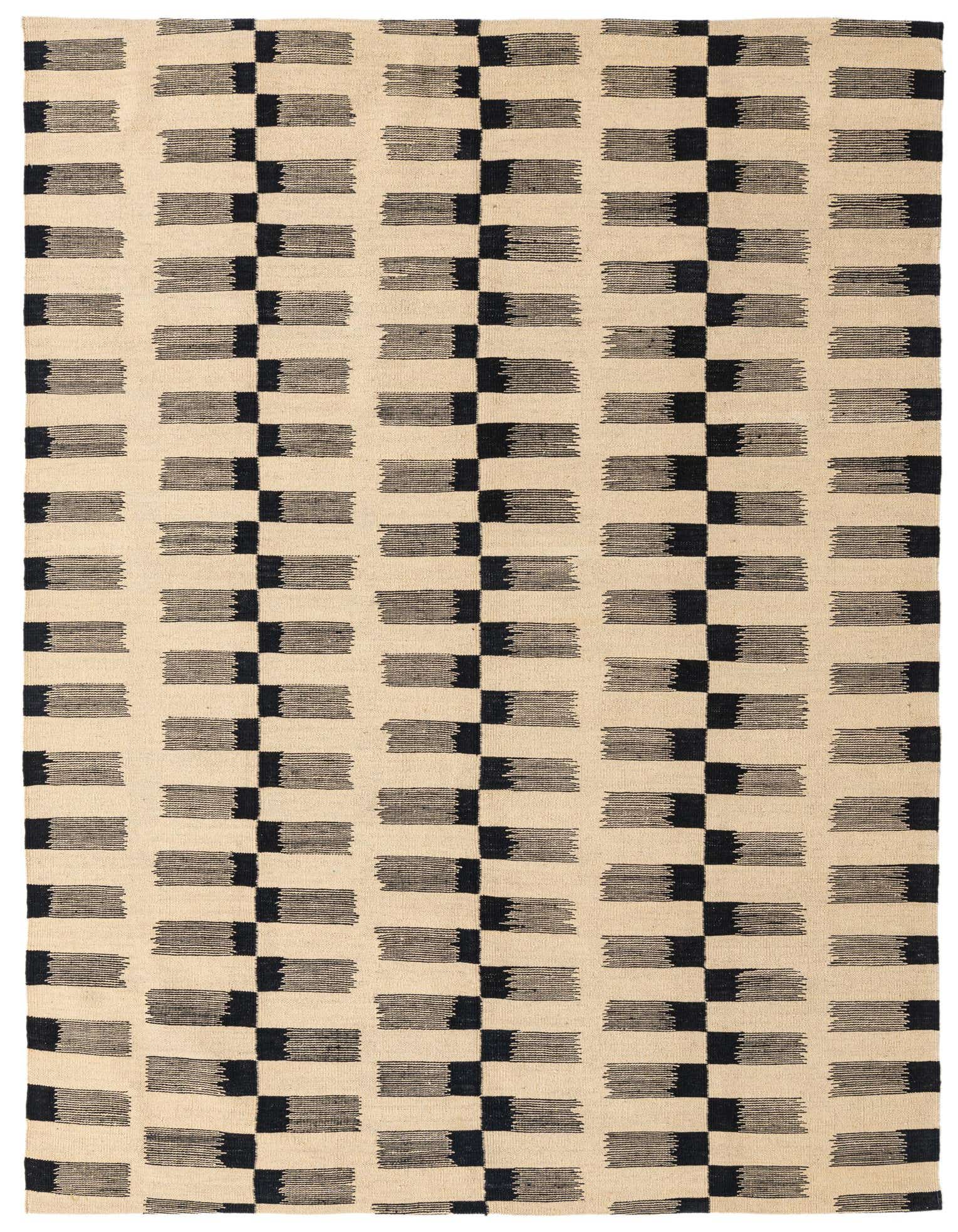 A 5x8 rectangular black and cream flatweave wool rug with a modern tribal stripe pattern.