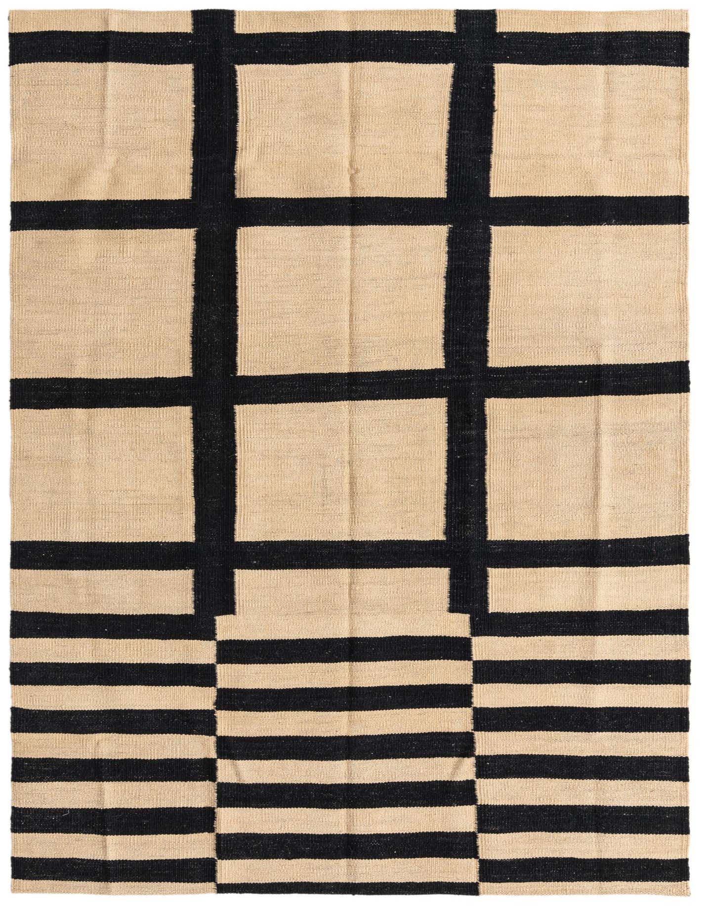 A 4x6 rectangular Kilim Modern rug with a bold black and natural ivory tribal grid pattern, featuring horizontal stripes at the bottom.