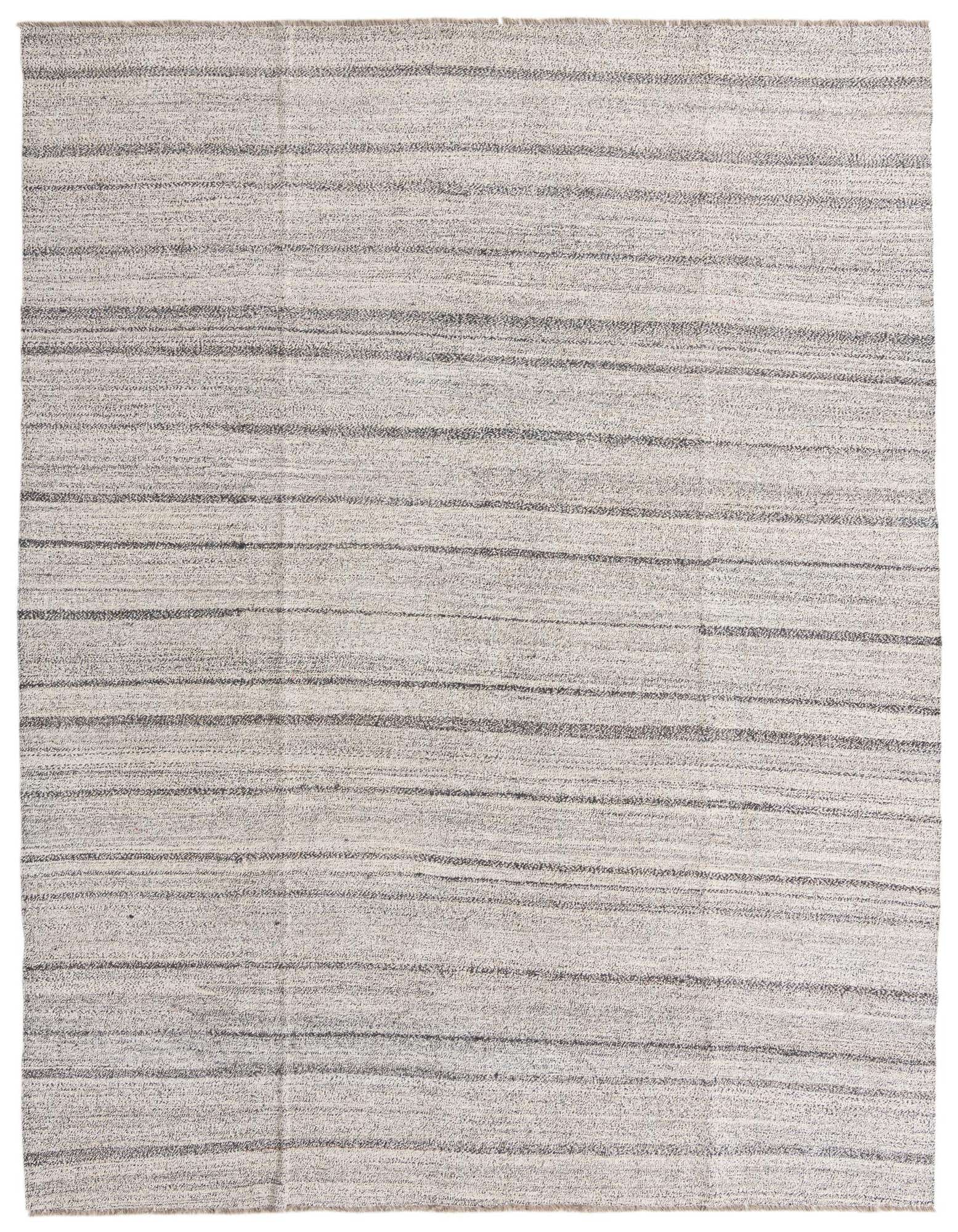 An 8x10 rectangular flatweave wool rug featuring thin horizontal stripes in varying shades of black, white, and cream.
