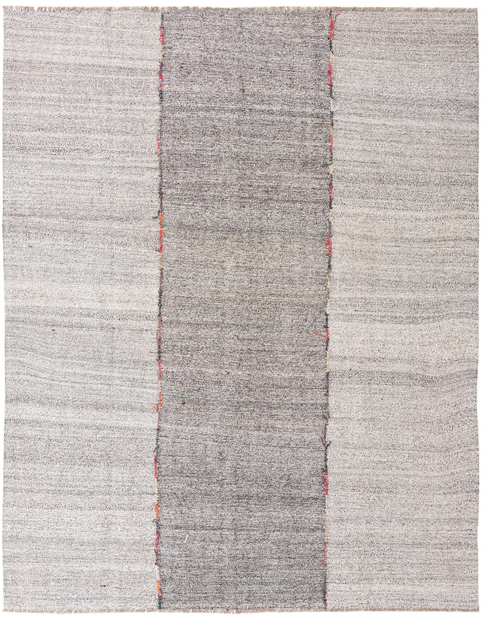 8x10 rectangular flatweave rug with a central dark gray stripe flanked by lighter gray sections, featuring subtle red stitching.