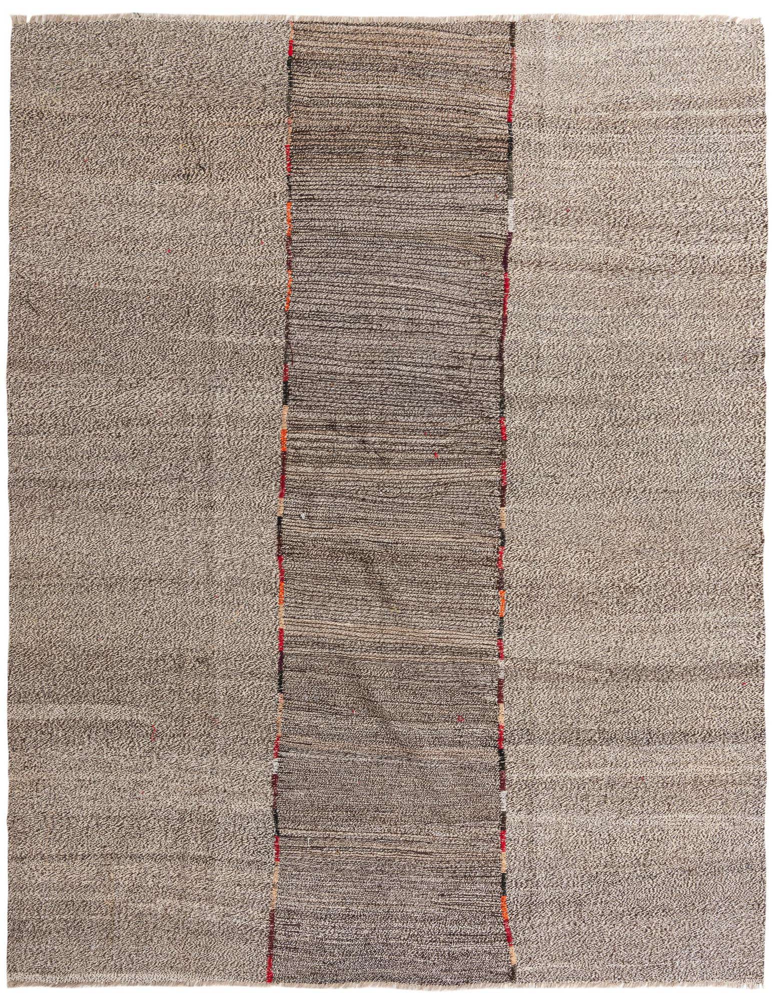 An 8x10 rectangular flatweave rug with a central dark grey striped panel flanked by lighter grey textured sections, featuring subtle red and orange accents along the seams.