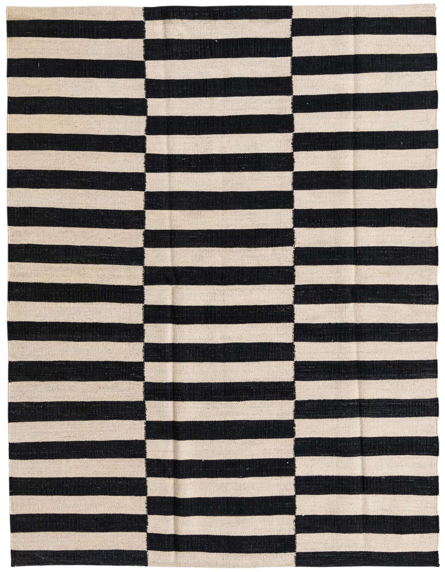 A 4x6 rectangular flatweave rug with a bold black and ivory striped pattern, perfect for a modern living room.