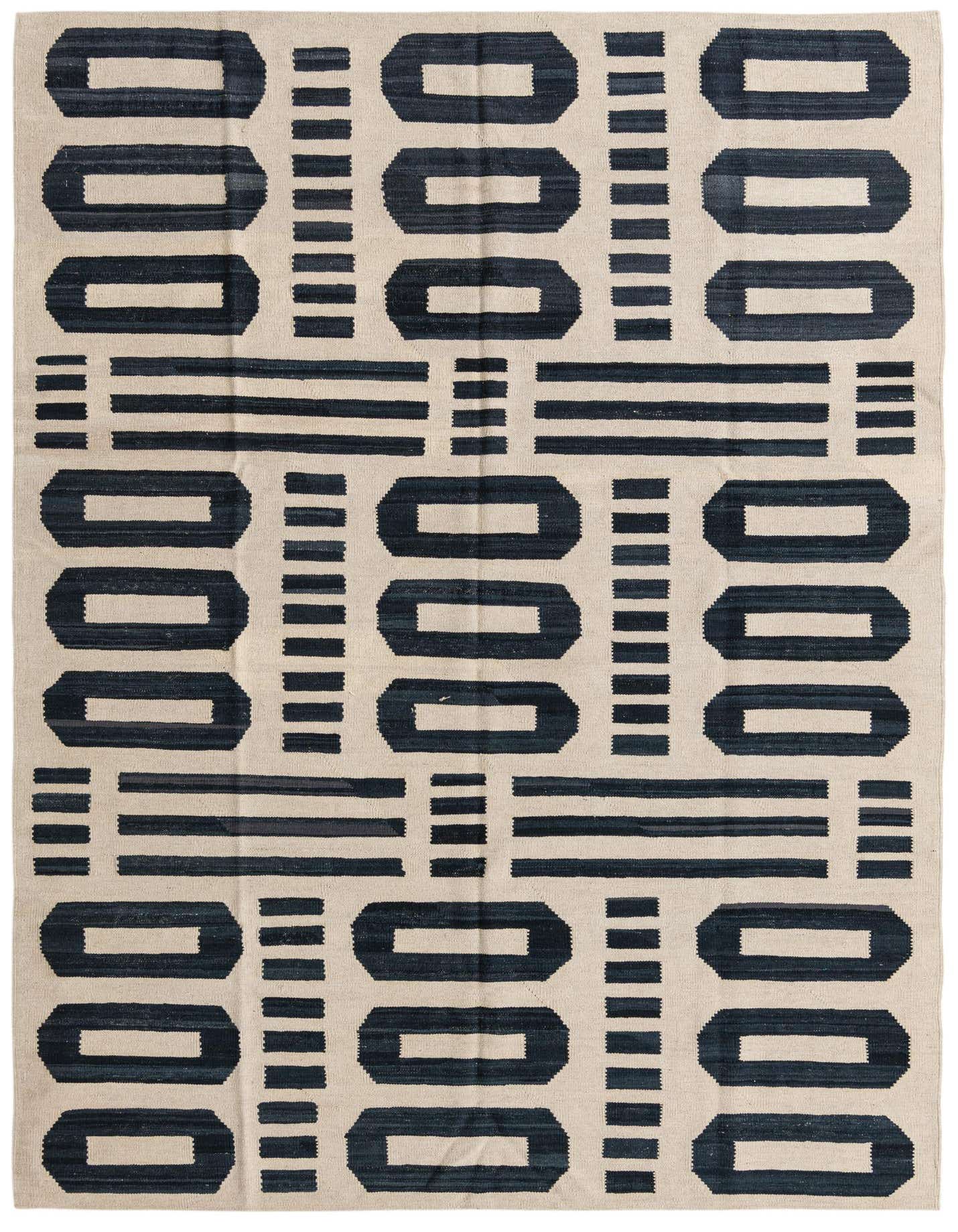 A 5x8 rectangular Kilim Modern wool rug featuring a bold black and cream tribal geometric pattern with abstract shapes and lines.