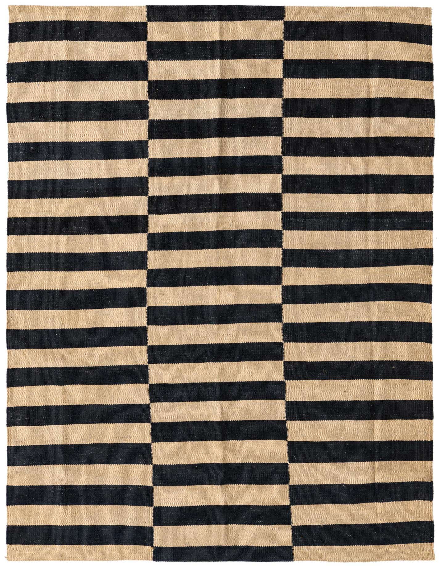 A 4x6 rectangular Kilim Modern rug with alternating black and natural ivory horizontal stripes in a tribal pattern.