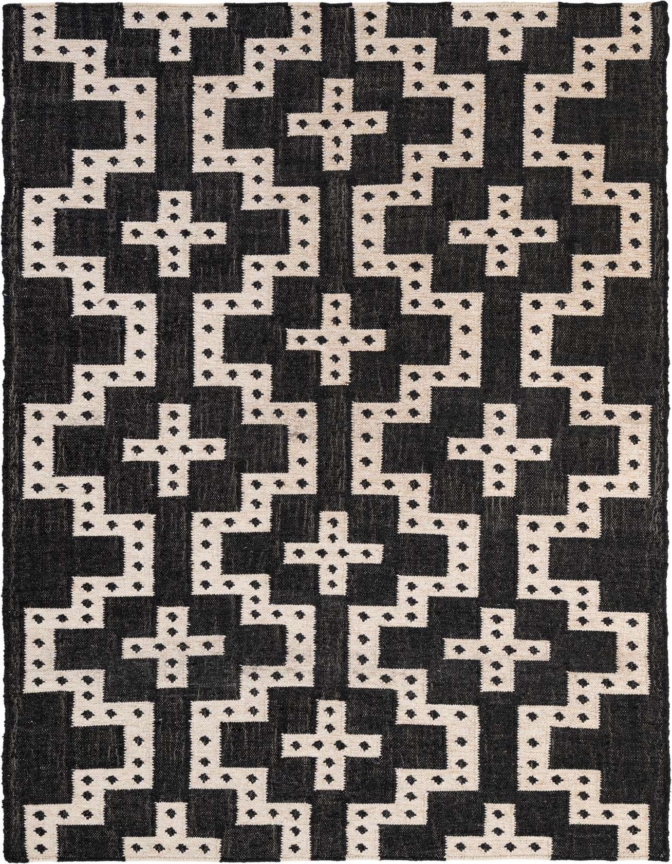 A 5x8 rectangular black and ivory tribal wool rug with a repeating geometric cross and dot pattern.