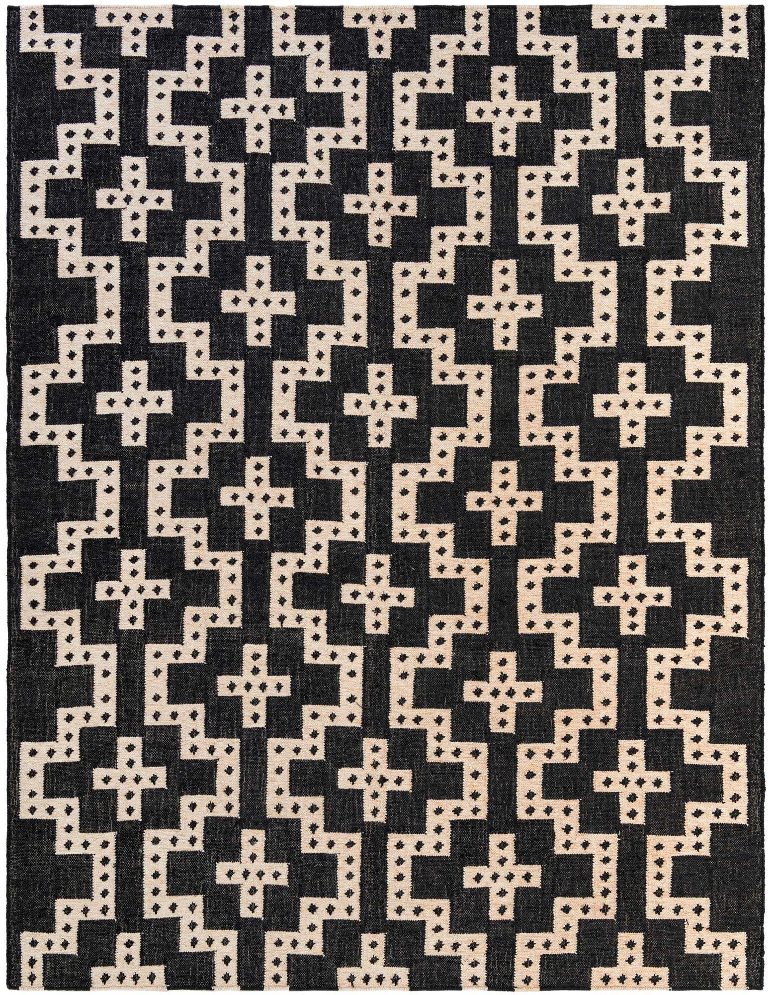An 8x10 rectangular black and ivory wool rug with a repeating tribal geometric pattern of interlocking crosses and dots.