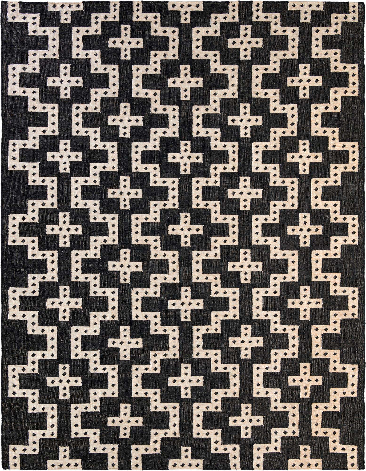 A 9x12 rectangular black and white flatweave wool rug with a repeating tribal geometric pattern of interlocking crosses and dotted lines.