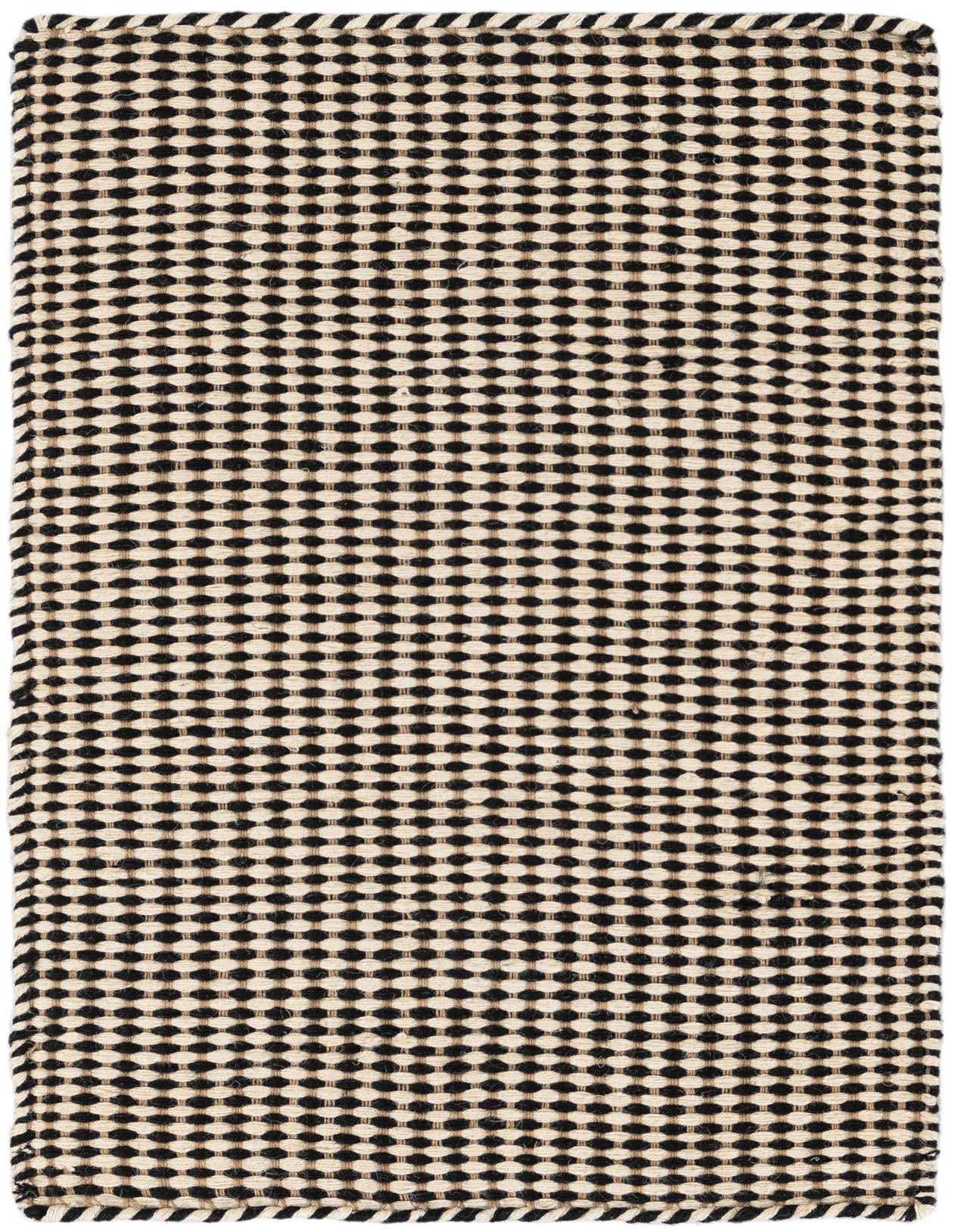 A 2x3 rectangular Rugs.com Laurel Handwoven Jute rug with a black and cream abstract pattern, suitable for an entryway.