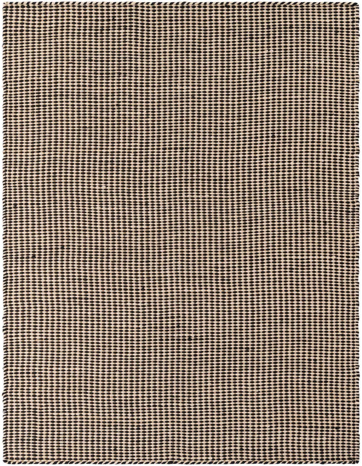 A 5x8 rectangular black and ivory jute rug with a textured, flatweave pattern, suitable for various indoor rooms.