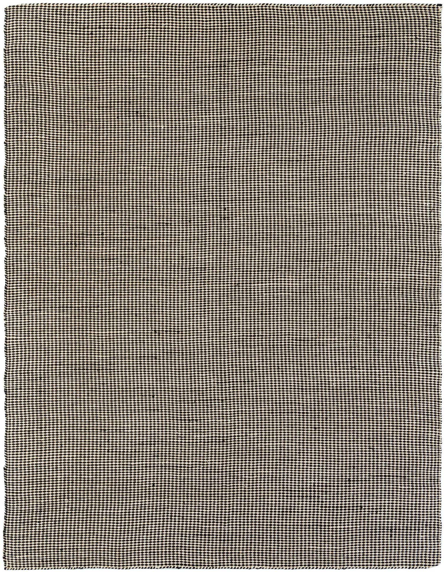 A 9x12 rectangular black and ivory flatweave rug with a subtle textured pattern, suitable for a living room or bedroom.