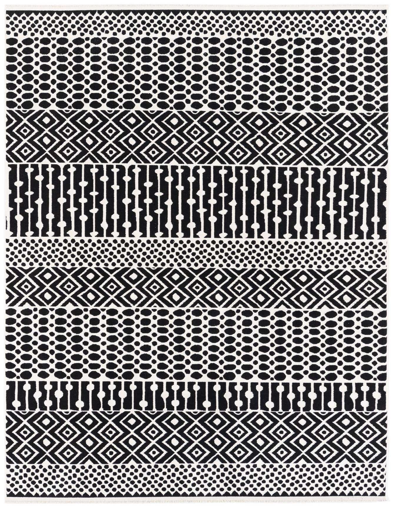 A 5x8 rectangular black and white modern area rug with alternating geometric patterns and tribal stripes.