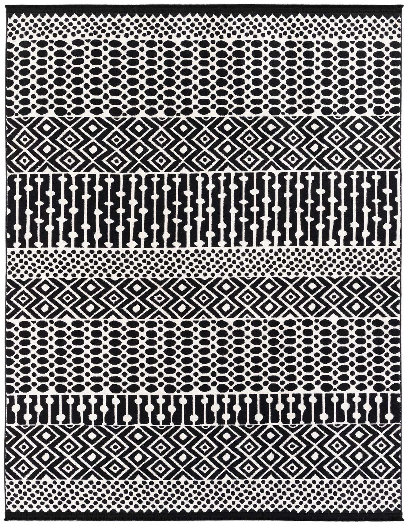 A 5x7 rectangular black and white modern rug featuring alternating bands of geometric patterns, including diamonds, dots, and abstract lines.