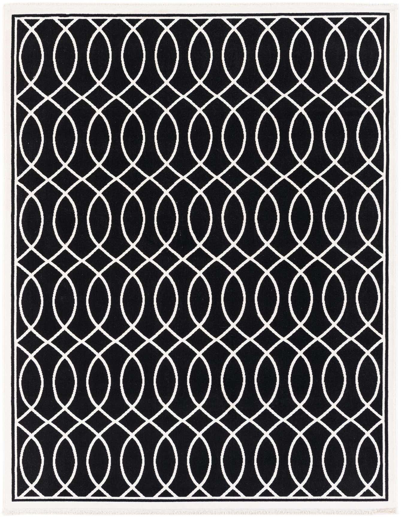 A 5x8 rectangular Rugs.com Milano rug featuring a bold black background with an interlocking white modern geometric pattern, ideal for a living room.
