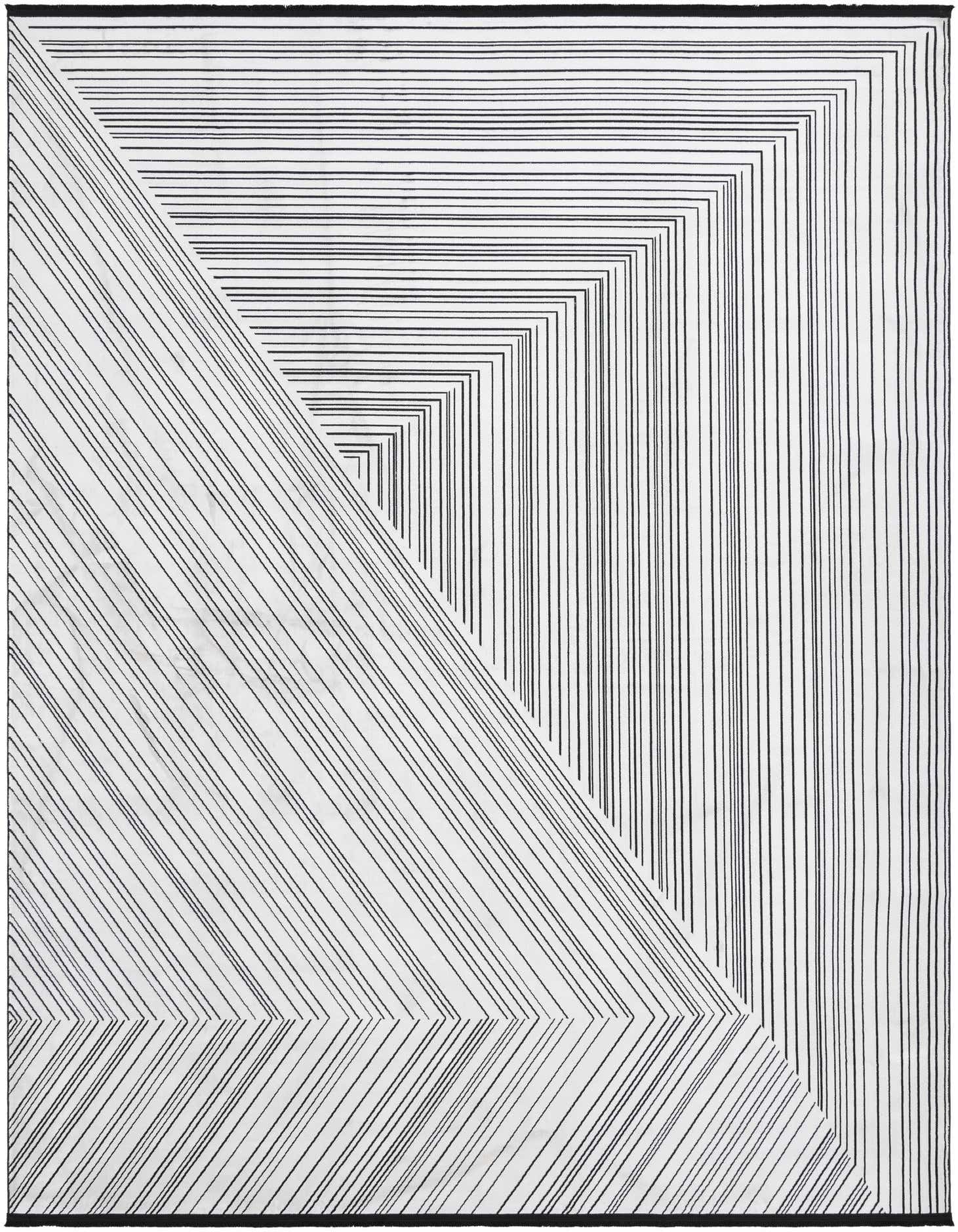 A 9x12 rectangular black and white modern rug with a striking geometric stripe pattern, ideal for a contemporary living room.