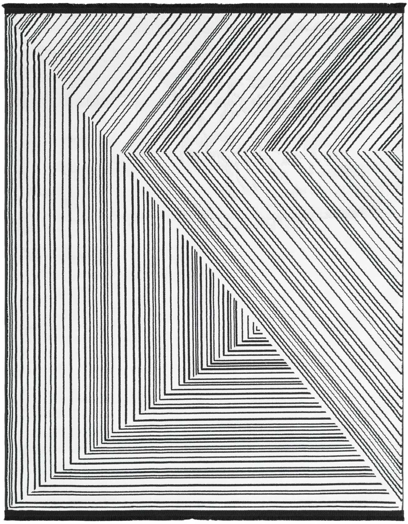 A 4x6 rectangular rug featuring a bold black and white optical illusion stripe pattern, ideal for a modern living room.