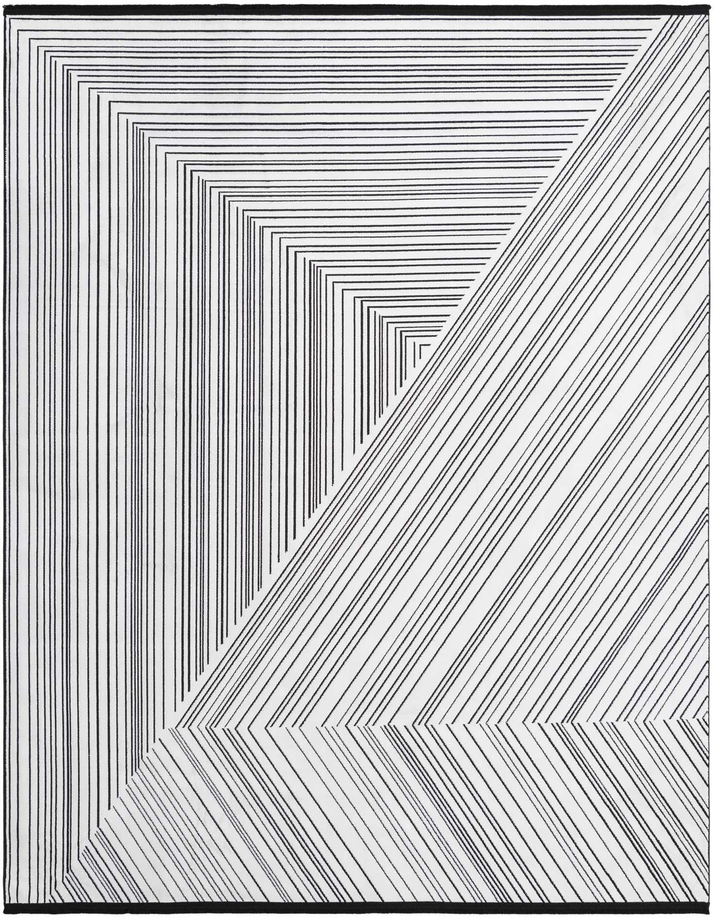 A black and white 8x10 rectangular rug featuring a bold modern geometric stripe pattern with converging lines.