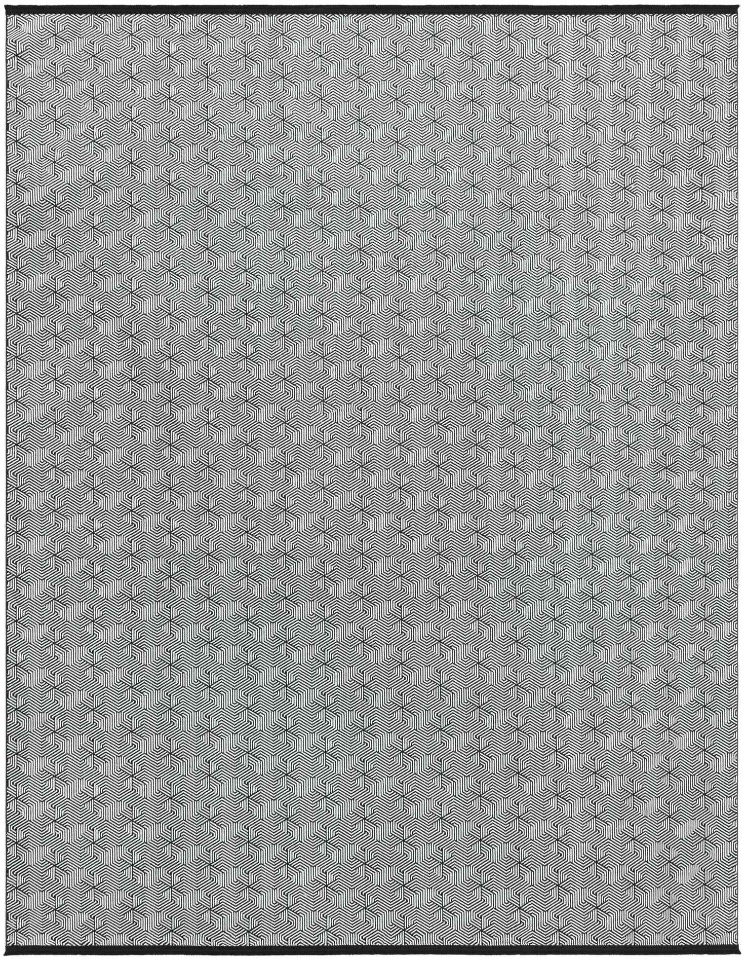 A 9x12 rectangular Rugs.com Milano rug featuring a dense, repeating black and white geometric abstract pattern.