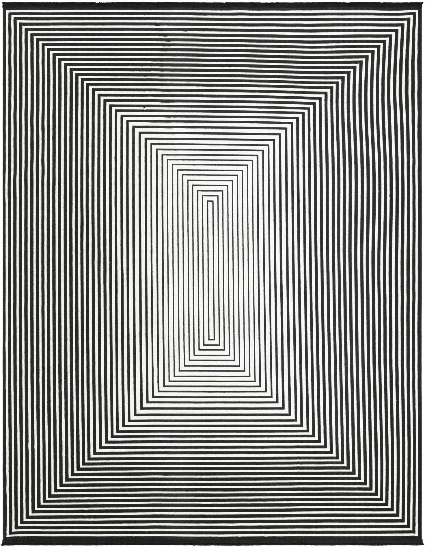 A 9x12 rectangular black and white rug with a modern optical illusion stripe pattern, featuring concentric rectangles.