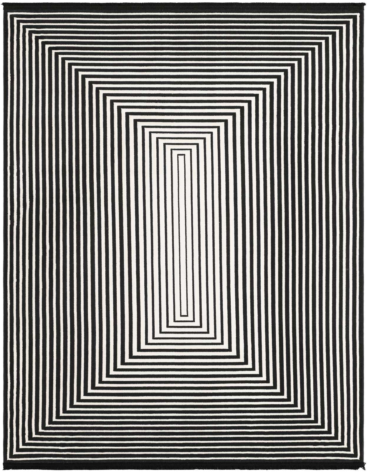 A 5x8 rectangular black and white modern rug with an optical illusion stripe pattern, ideal for a living room.