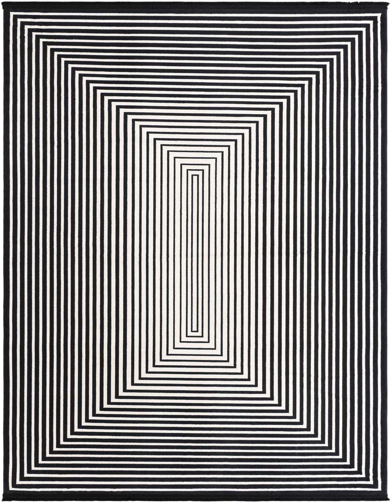 A 6x9 rectangular Rugs.com Milano rug featuring a bold black and white striped modern geometric pattern that creates an optical illusion of depth.