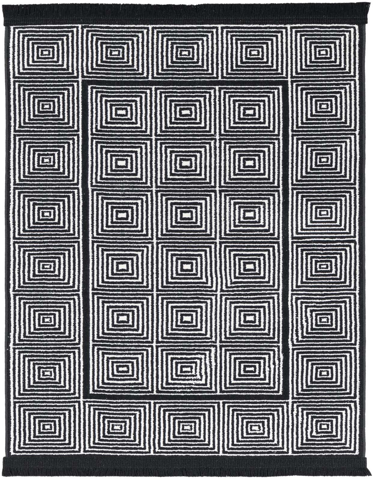 A 2x3 rectangular black and white modern rug with a repeating concentric square pattern, ideal for an entryway.
