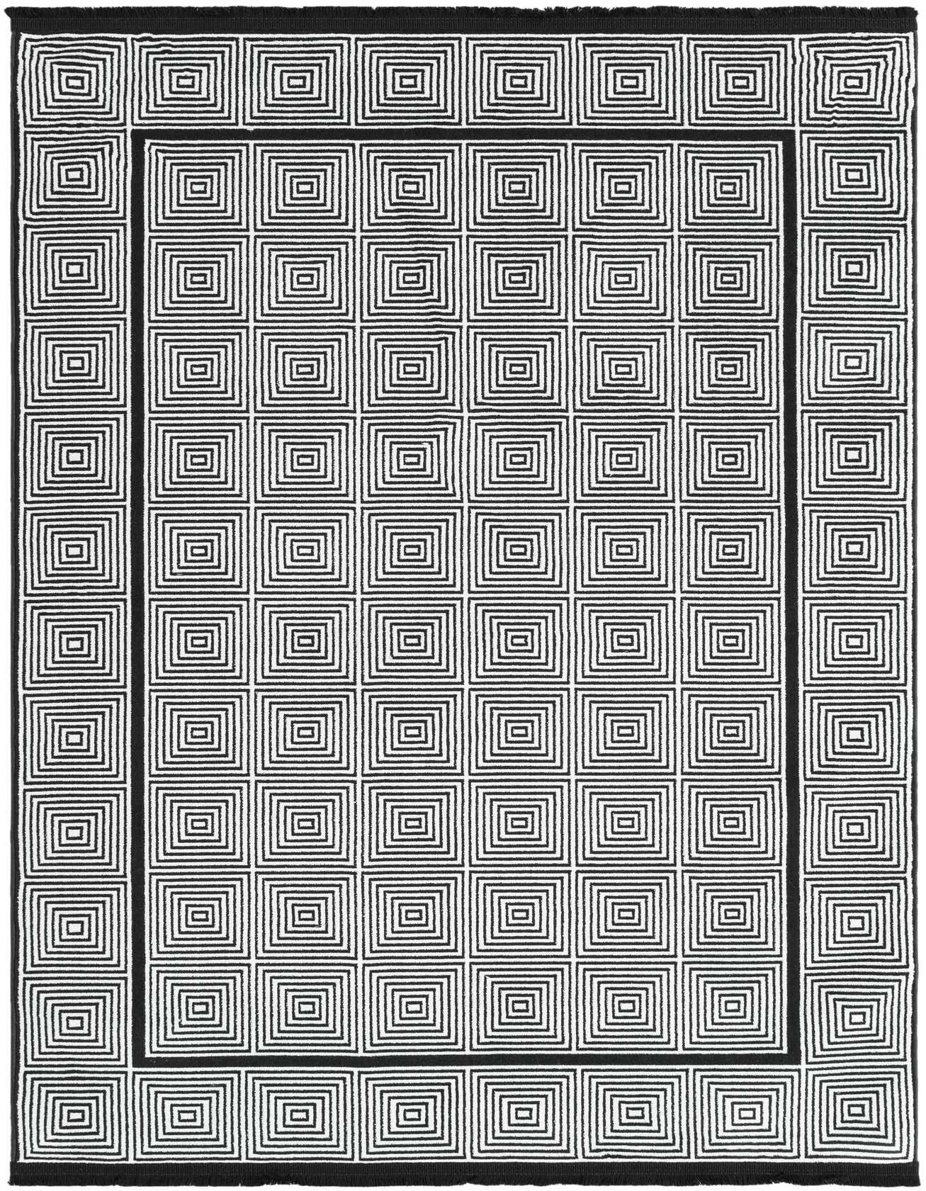 A 4x6 rectangular Rugs.com Milano rug featuring a bold black and white modern geometric pattern of concentric squares.