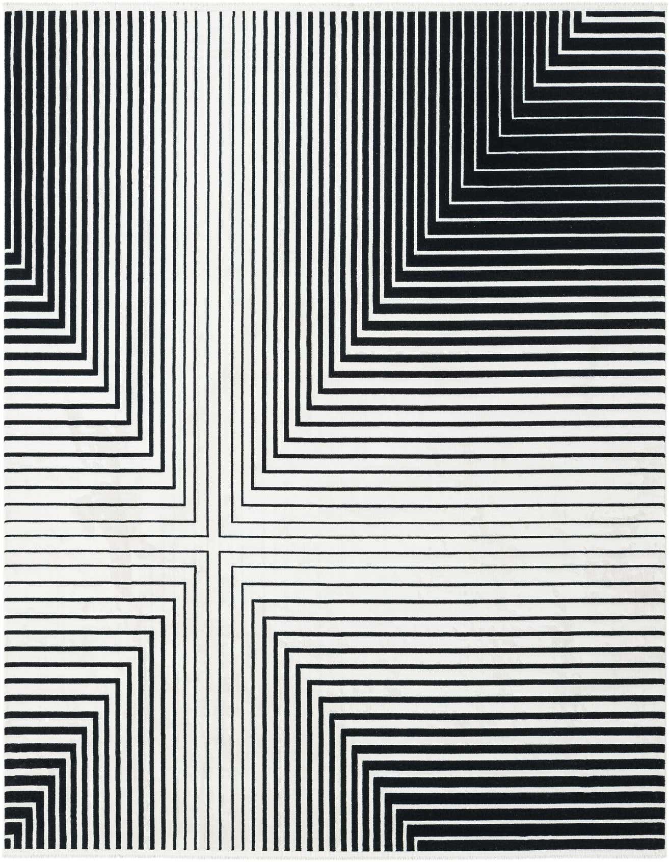 A 6x9 rectangular rug with a bold black and white modern geometric stripe pattern, featuring a central cross design.