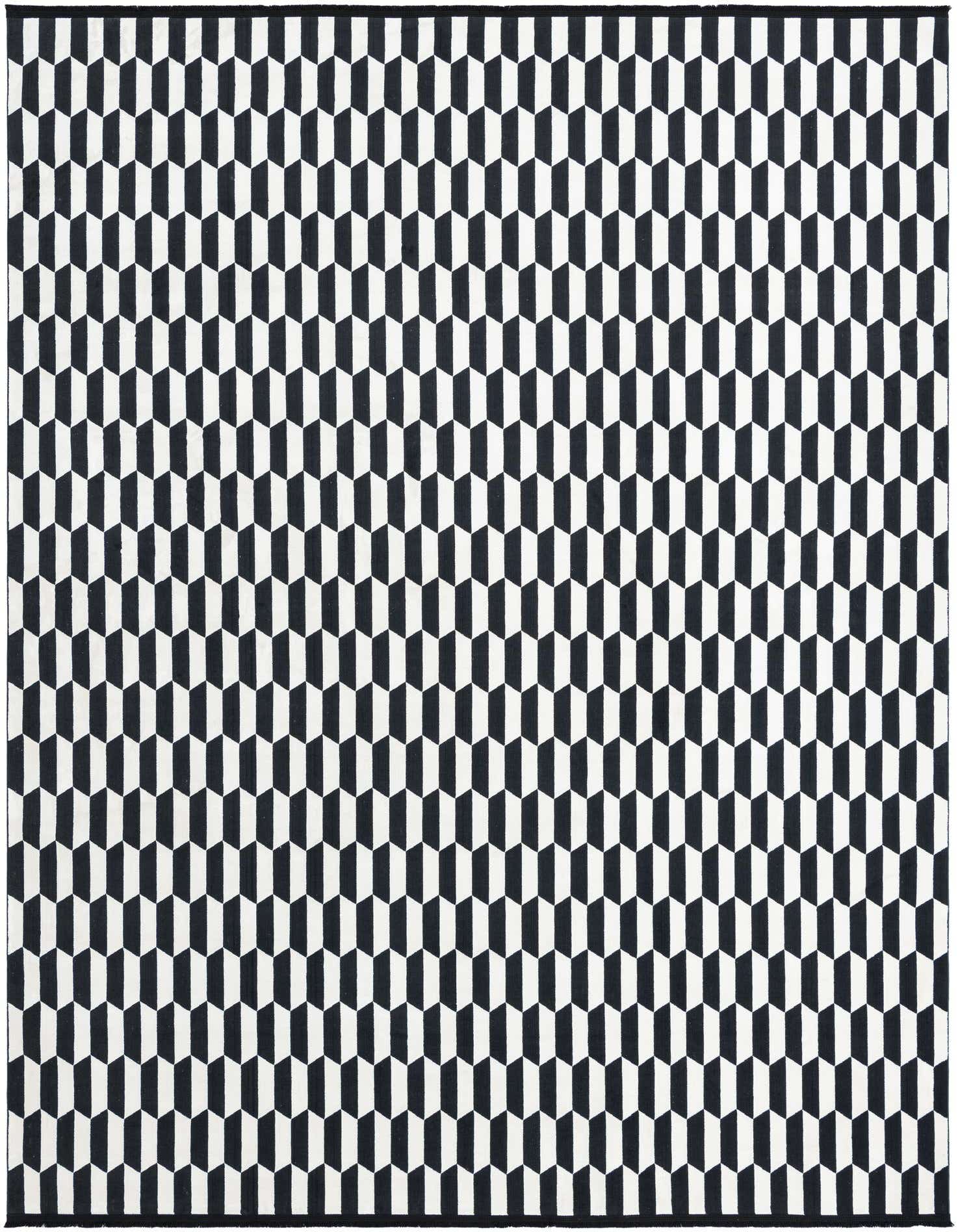 A 9x12 rectangular Rugs.com Milano area rug featuring a repeating black and white geometric pattern of stacked trapezoids.