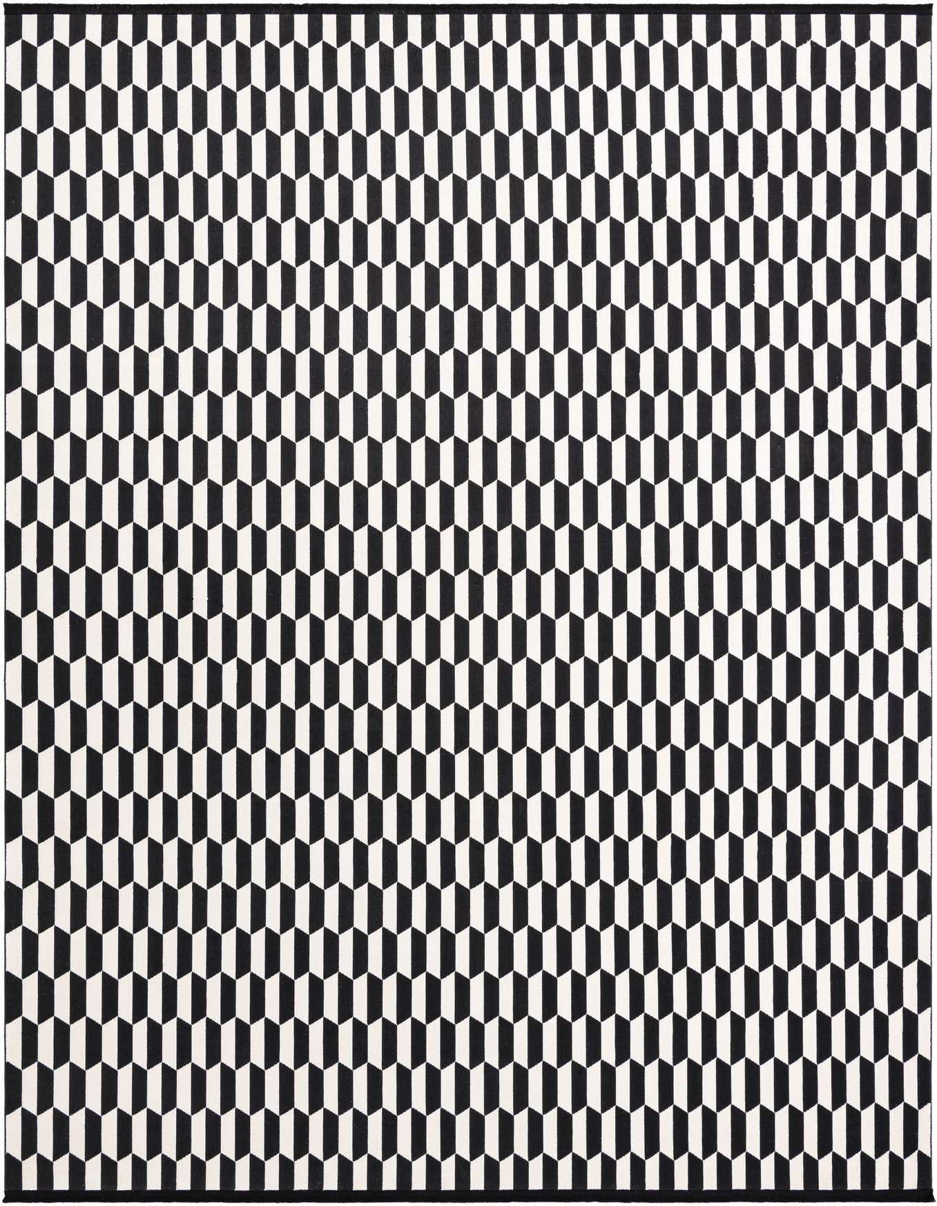 A 10x14 rectangular Rugs.com Milano area rug featuring a repeating modern geometric pattern in black and white.