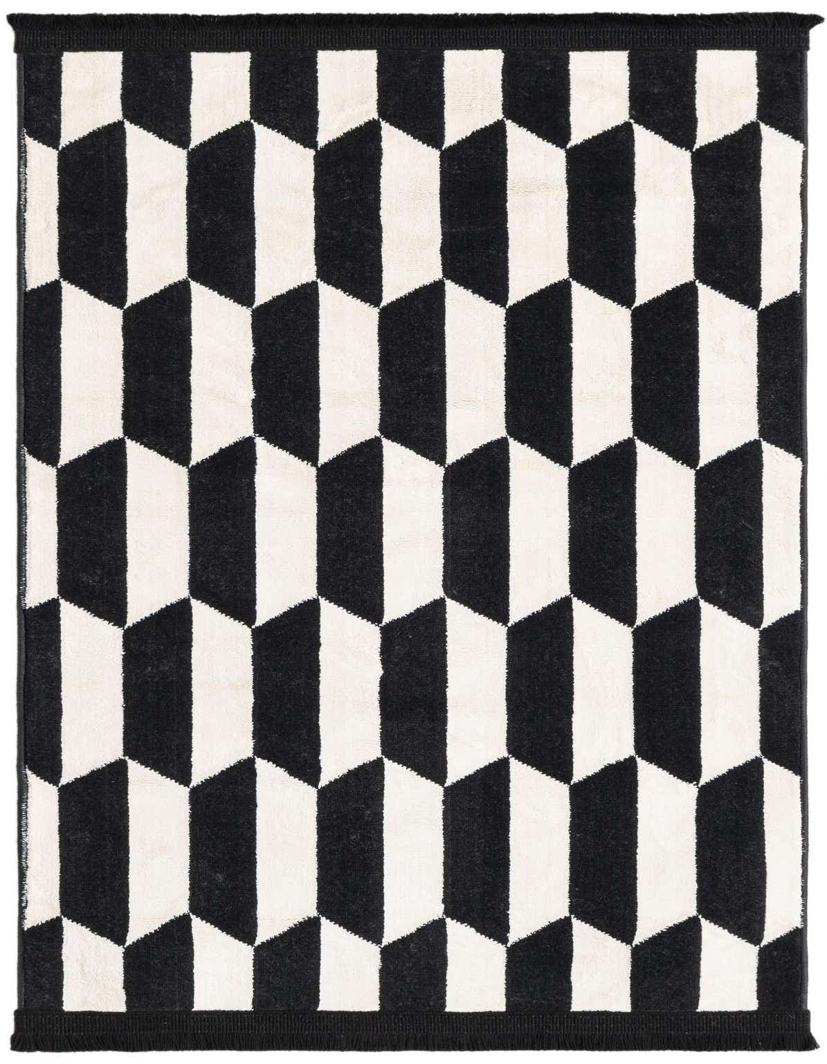 A 2x3 rectangular Rugs.com Milano rug featuring a bold black and white geometric pattern with a medium pile, ideal for a kitchen or entryway.