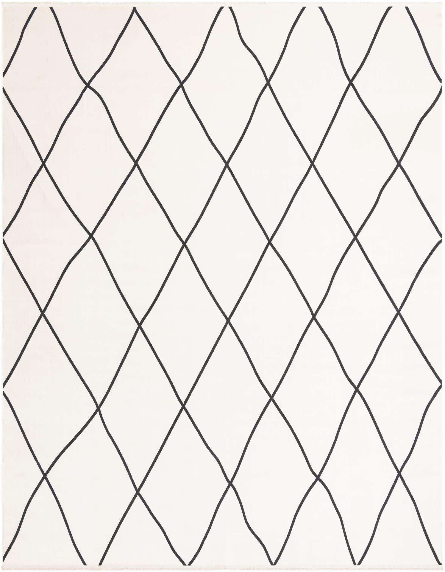 A 9x12 rectangular black and white modern area rug with a bold, wavy diamond pattern.