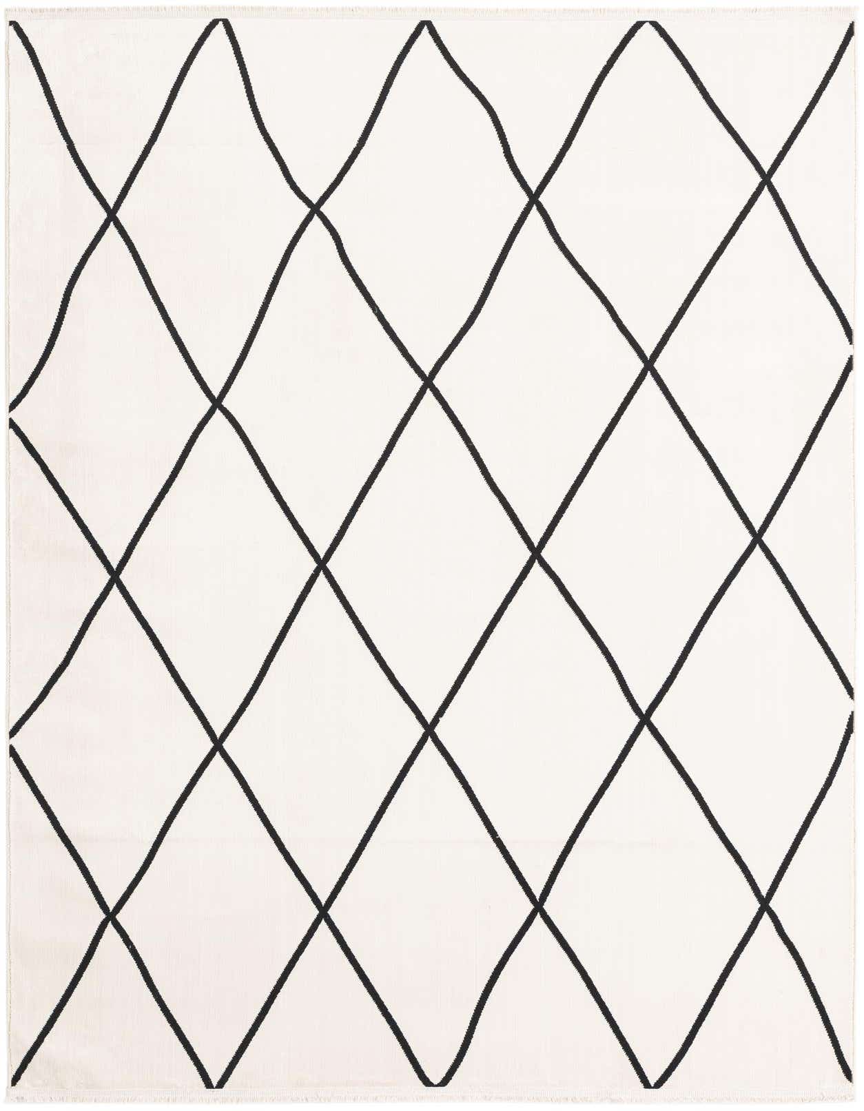 A 5x8 rectangular black and white modern rug with a bold, irregular diamond pattern on a cream background.