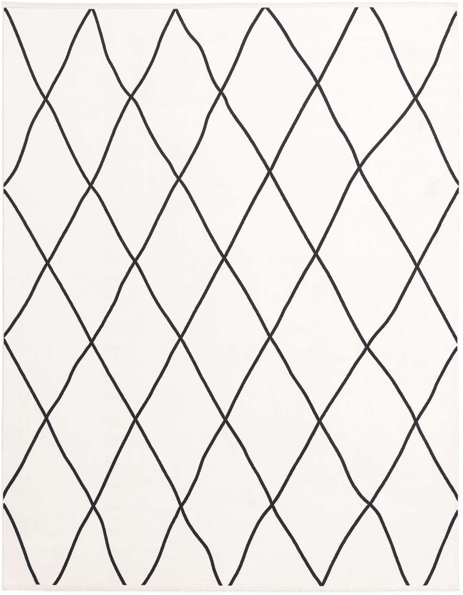 A rectangular 8x10 black and white modern area rug with an irregular diamond grid pattern.